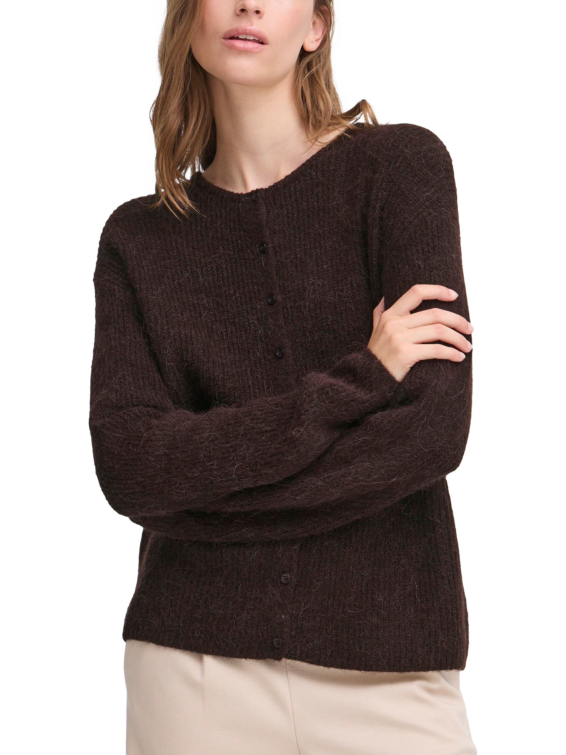 Product image 1 of 7, which shows ICHI Kamara Fine Knit Cardigan, Chocolate Torte, XS