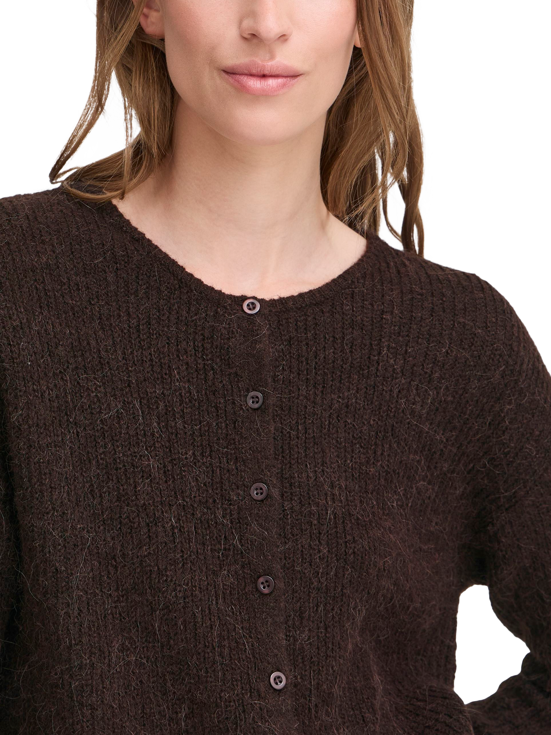 Product image 4 of 7, which shows ICHI Kamara Fine Knit Cardigan, Chocolate Torte, XS