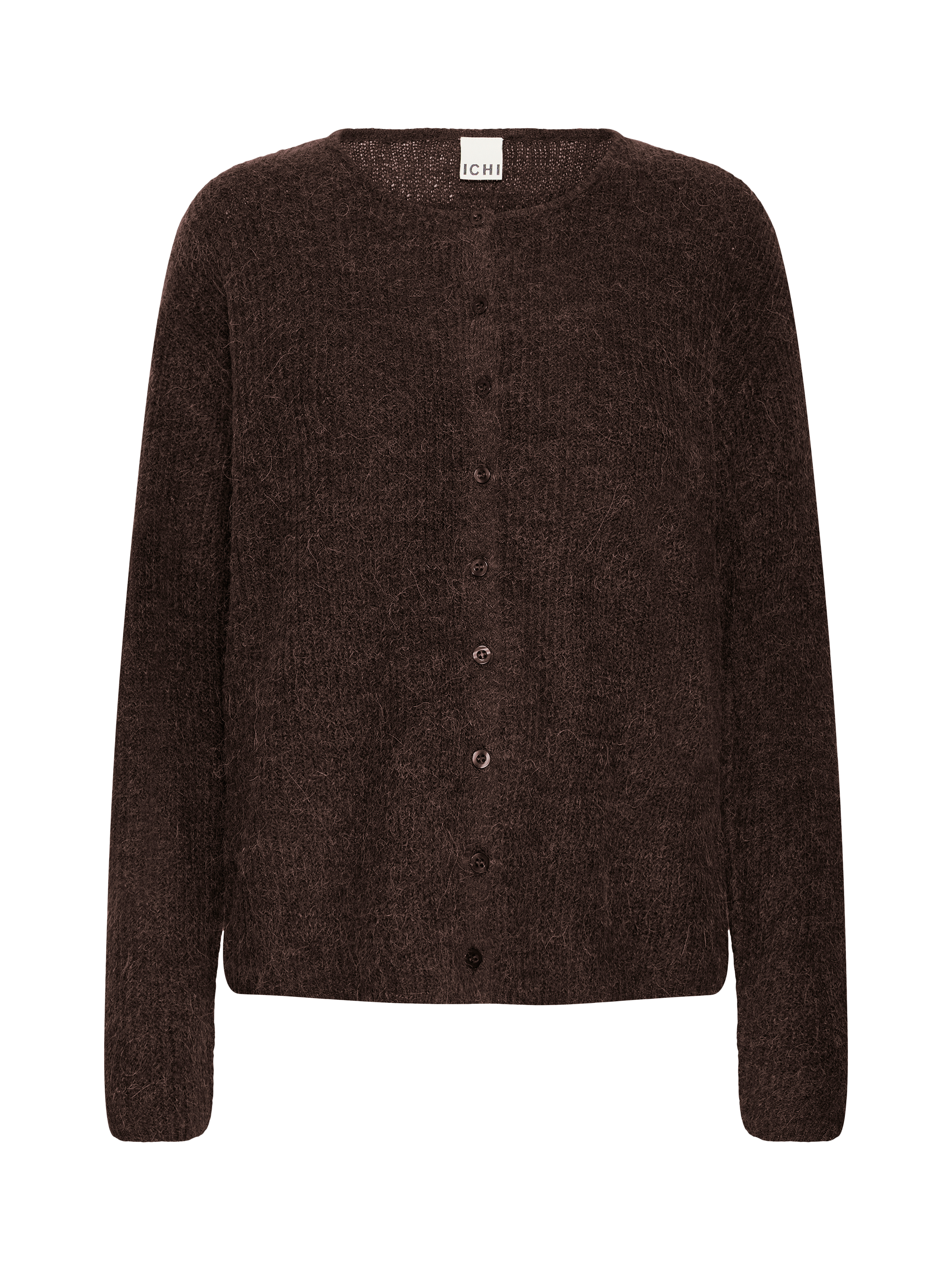 Product image 5 of 7, which shows ICHI Kamara Fine Knit Cardigan, Chocolate Torte, XS