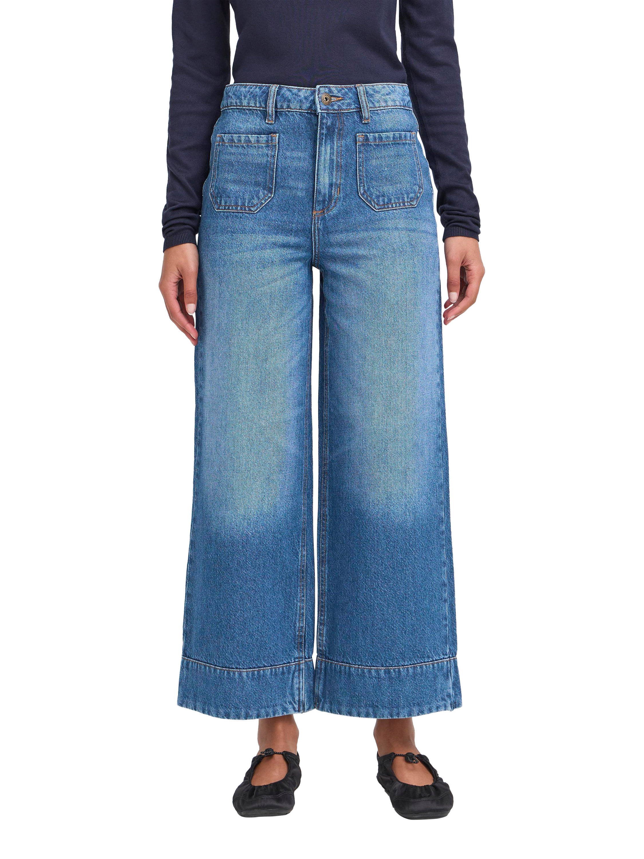 Product image 1 of 7, which shows ICHI Pamala Patch Pocket Wide Leg Jeans, Dark Blue, 25R