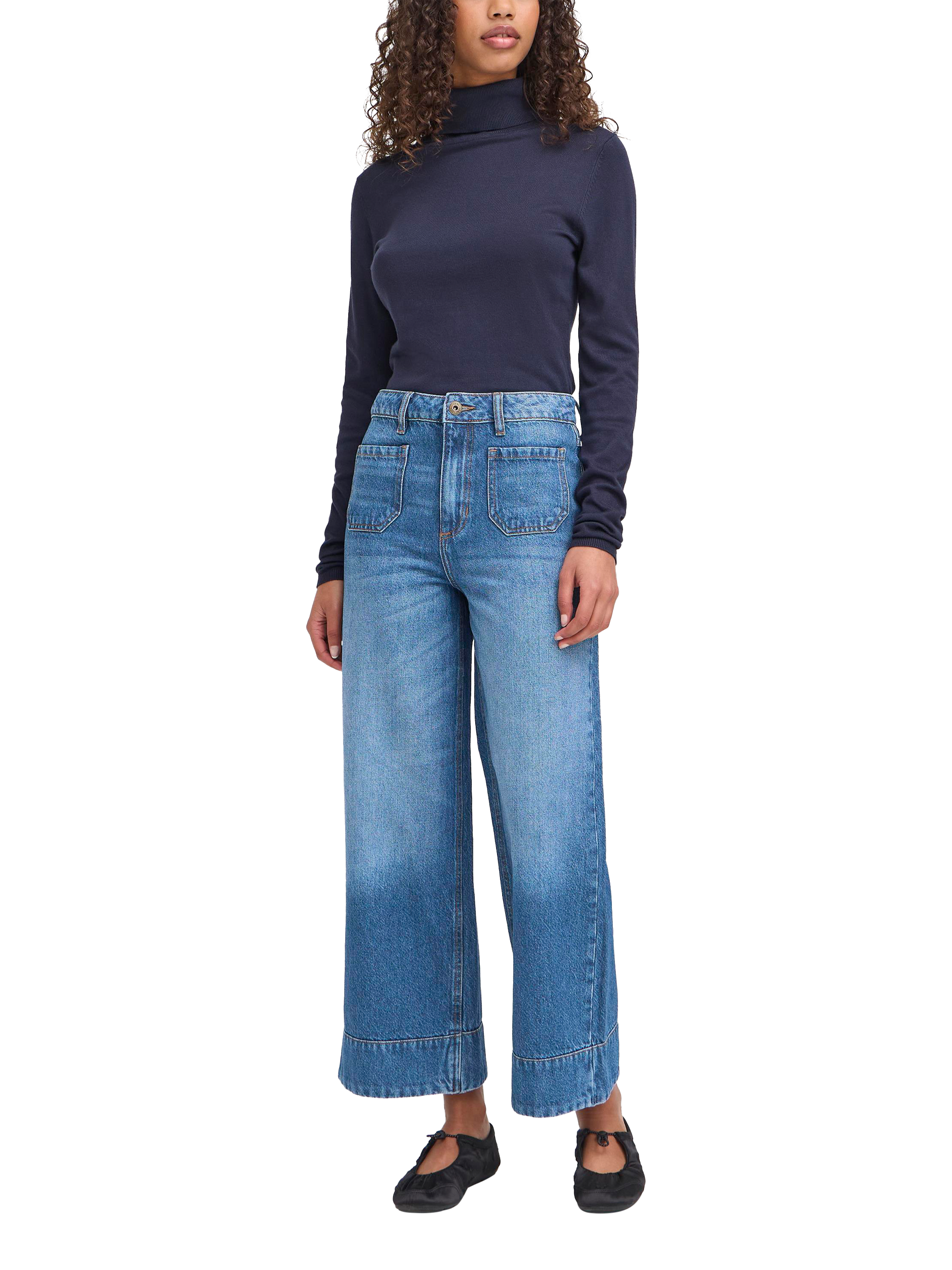 Product image 3 of 7, which shows ICHI Pamala Patch Pocket Wide Leg Jeans, Dark Blue, 25R