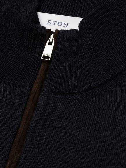 Eton Half Zip Merino Wool Knit Polo Neck Jumper - view 2, Navy