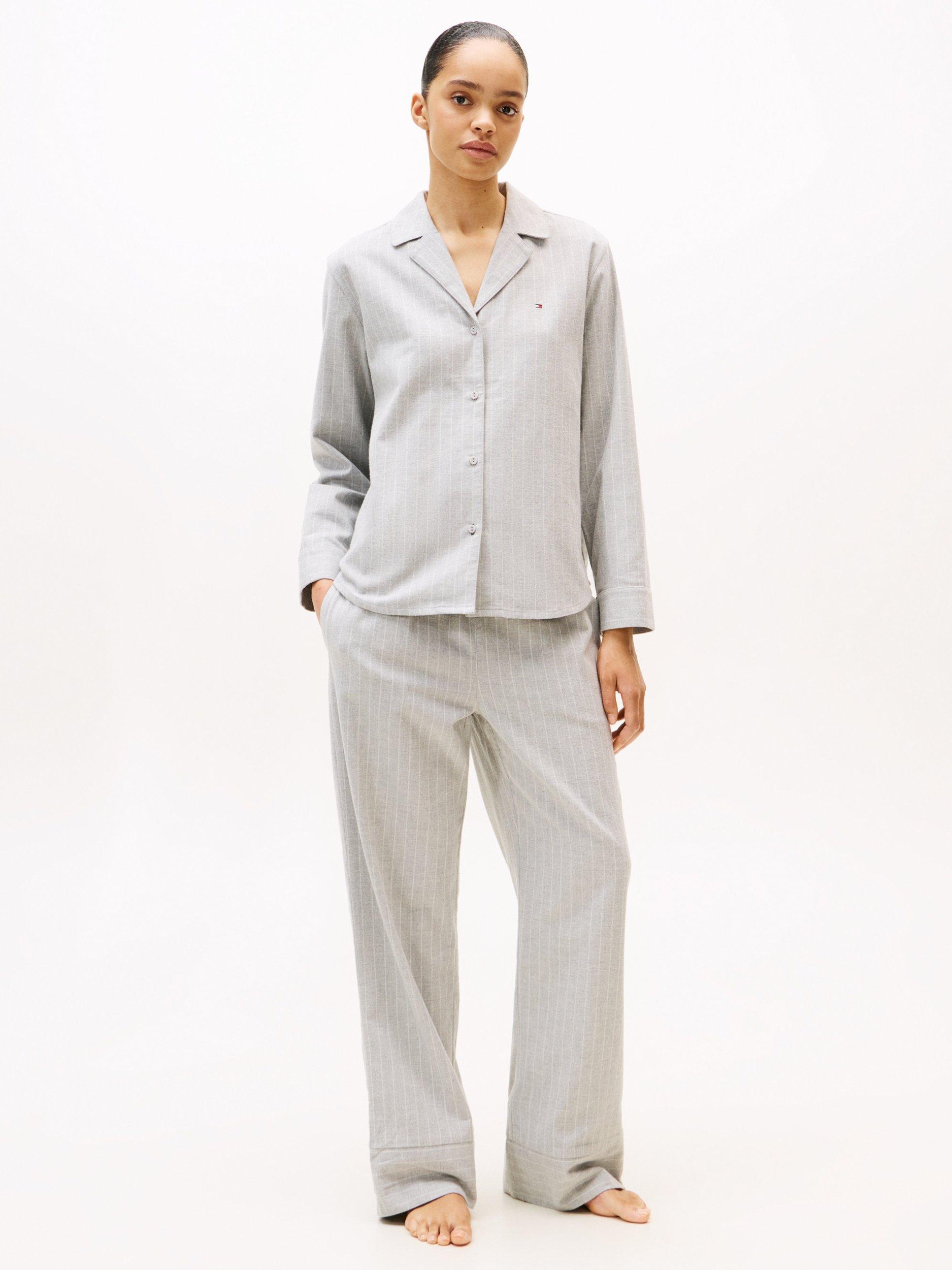 Product image 1 of 6, which shows Tommy Hilfiger Essential Herringbone Stripe Flannel Pyjama Set, Light Grey, XS