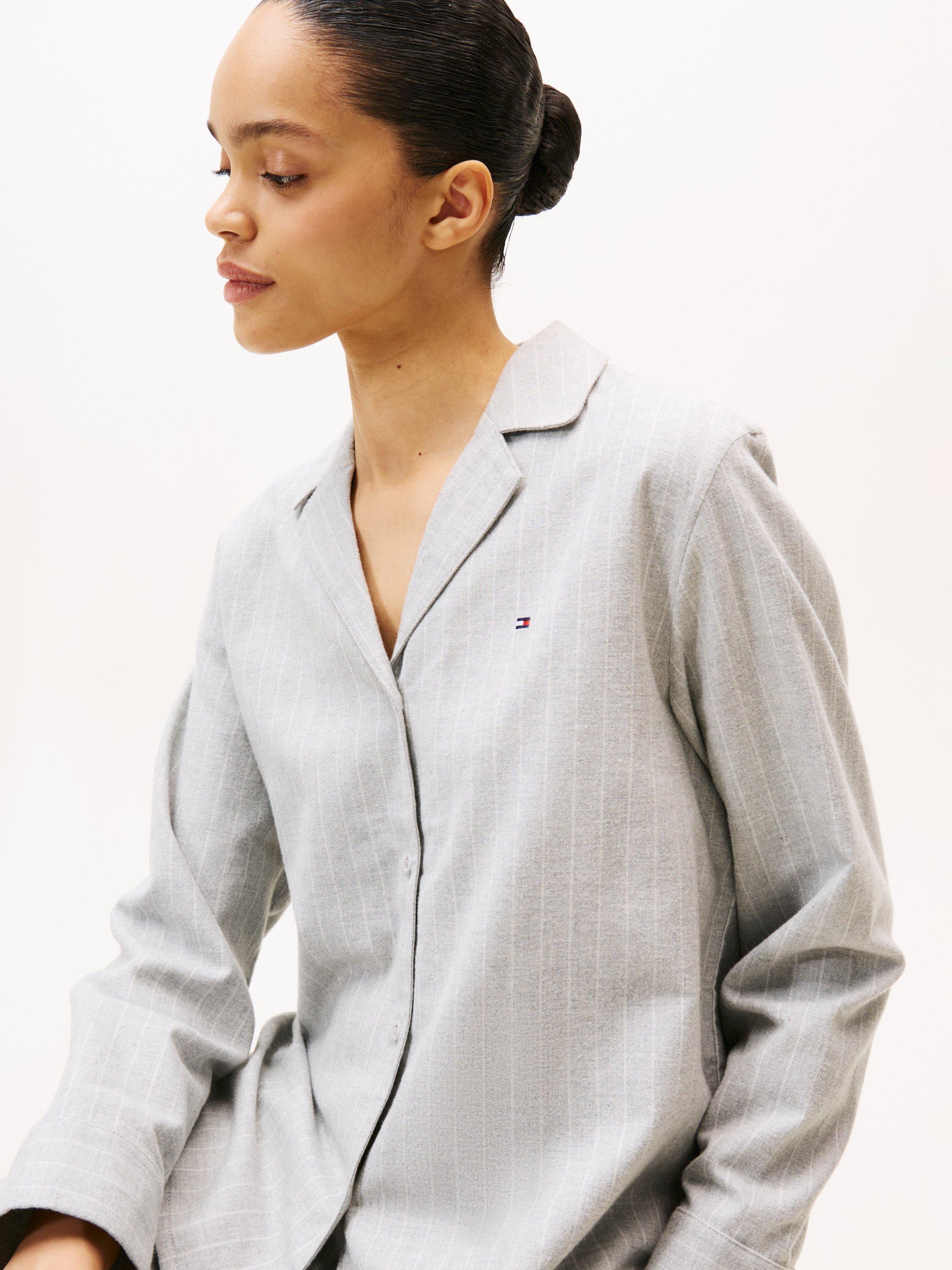 Product image 2 of 6, which shows Tommy Hilfiger Essential Herringbone Stripe Flannel Pyjama Set, Light Grey, XS