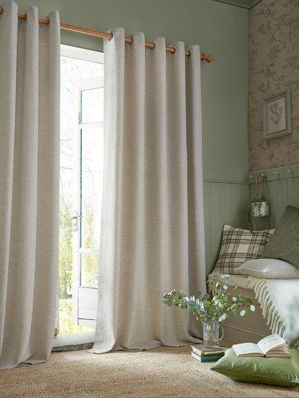 Laura Ashley Milbourne Herringbone Pair Lined Eyelet Curtains, Truffle Natural, Truffle Natural