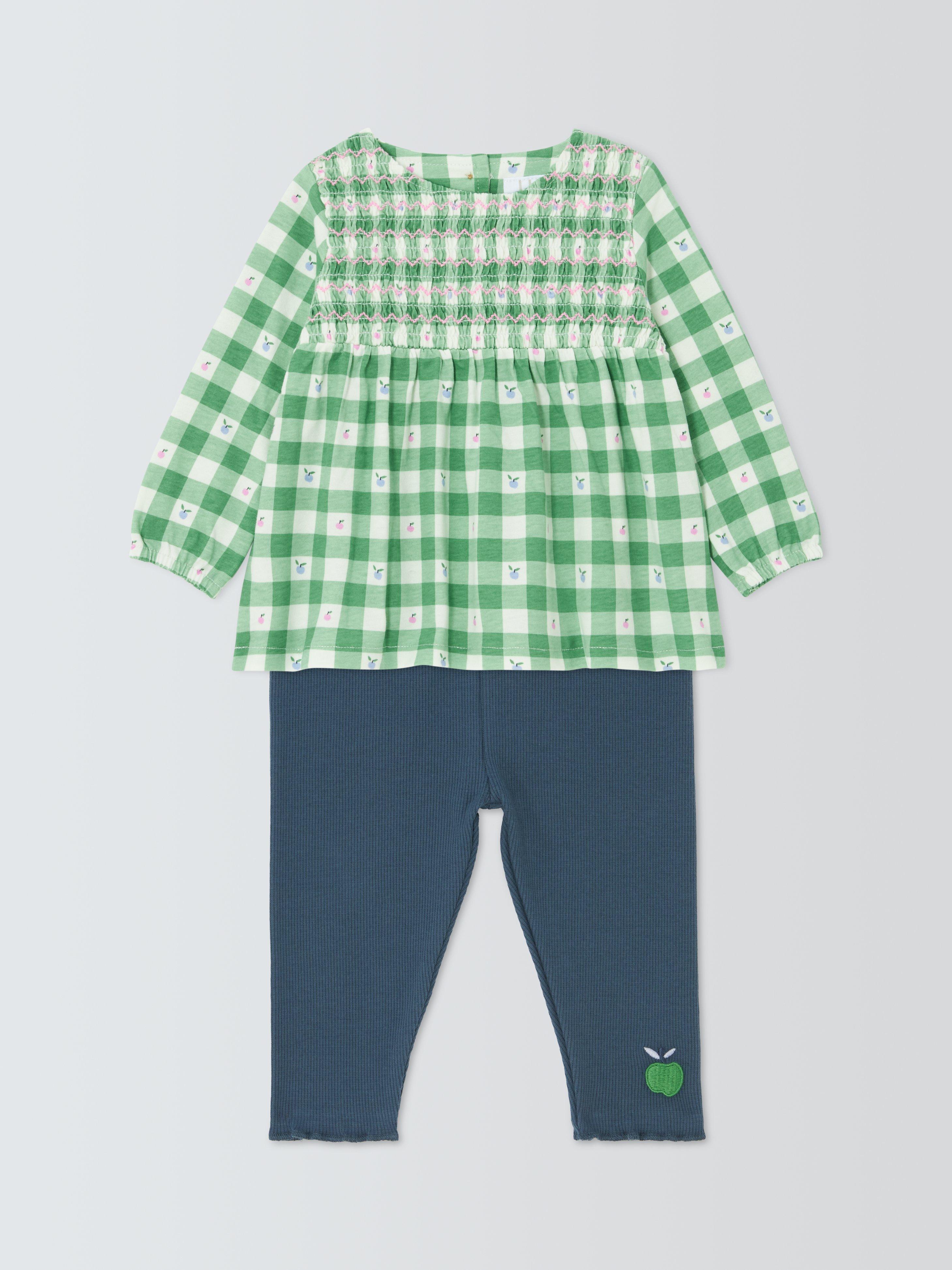 Product image 1 of 3, which shows John Lewis Baby Apple Gingham Smock Top & Leggings Set, Multi, 0-3 months