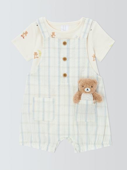 John Lewis Baby Woven Check Bibshorts, Bodysuit & Soft Toy Set, Green Multi, Green Multi