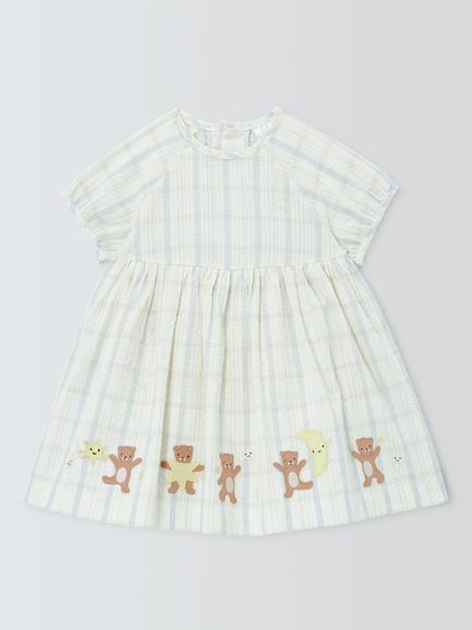 John Lewis Baby Check Woven Teddy Dress, Green Multi, Green Multi