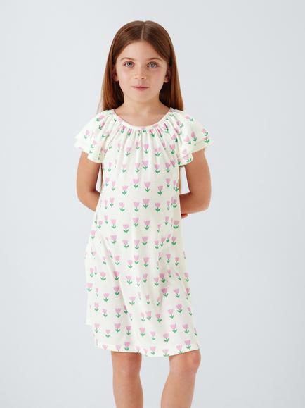 John Lewis Kids' Scatter Floral Double Flutter Sleeve Nightdress, White Multi, White Multi