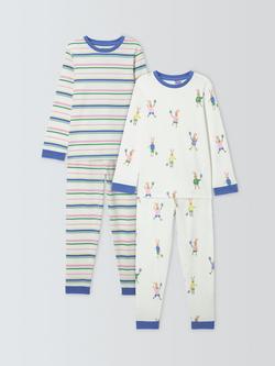 John Lewis Kids' Tennis Bunnies & Stripes Pyjamas, Pack of 2, White Multi, White Multi