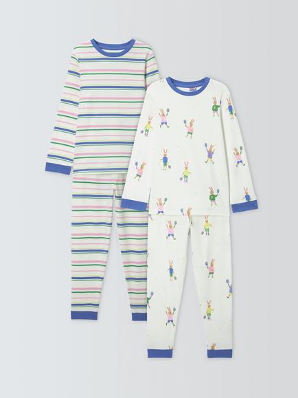 John Lewis Kids' Tennis Bunnies & Stripes Pyjamas, Pack of 2, White Multi, White Multi