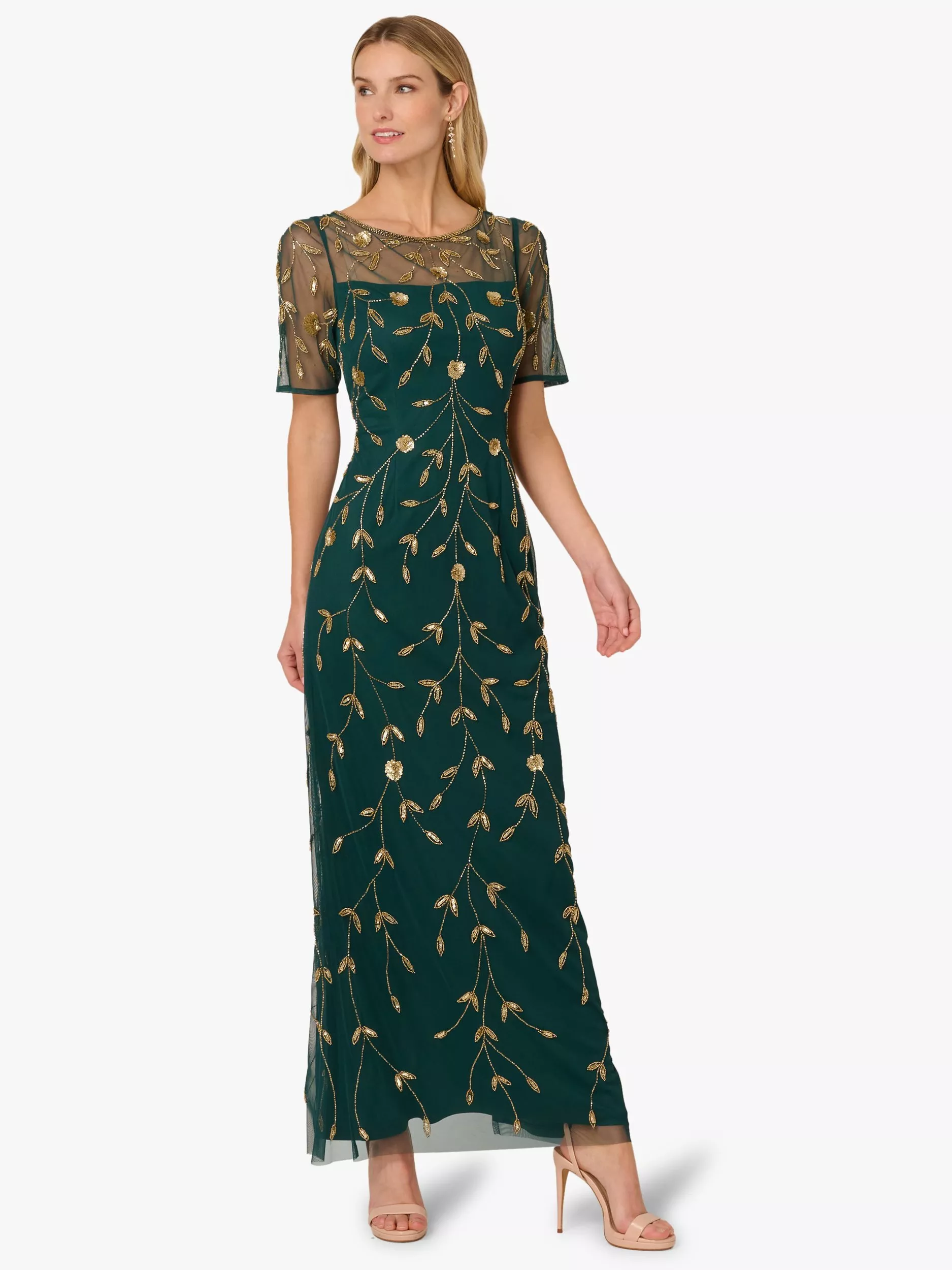 slim fit dress slacks Green Pine Gold Foil Leaf Short Sleeve Gown With Draped Details main image 1