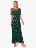 Adrianna Papell Studio Floral Vine Beaded Motif Mesh Maxi Dress, Green/Gold