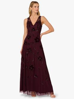Adrianna Papell Beaded Velvet Flower Maxi Dress, Night Plum, Night Plum
