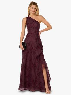Adrianna Papell Embroidered Ruffle One Shoulder Maxi Dress, Raisin, Raisin