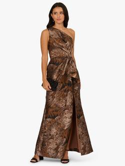 Adrianna Papell Floral One Shoulder Asymmetric Neck Maxi Dress, Copper/Chocolate, Copper/Chocolate