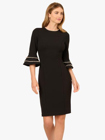 Adrianna Papell Pearl Trimmed Bell Sleeve Round Neck Sheath Midi Dress, Black/Ivory, Black/Ivory
