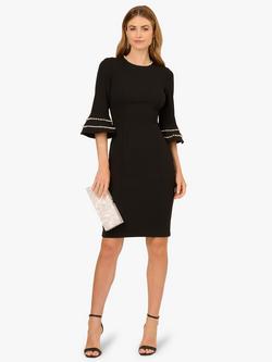 Adrianna Papell Pearl Trimmed Bell Sleeve Round Neck Sheath Midi Dress, Black/Ivory - view 2, Black/Ivory
