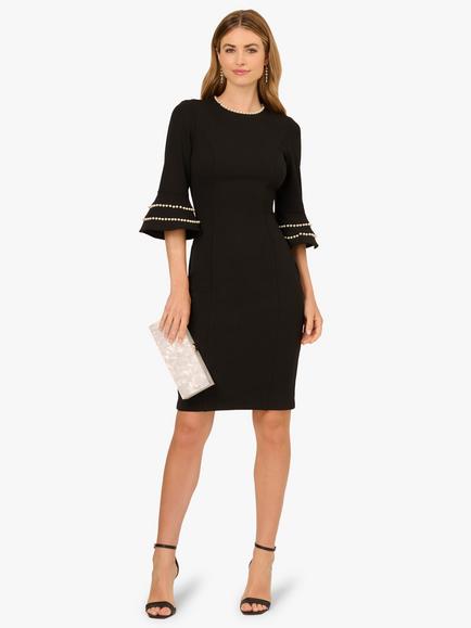 Adrianna Papell Pearl Trimmed Bell Sleeve Round Neck Sheath Midi Dress, Black/Ivory - view 2, Black/Ivory