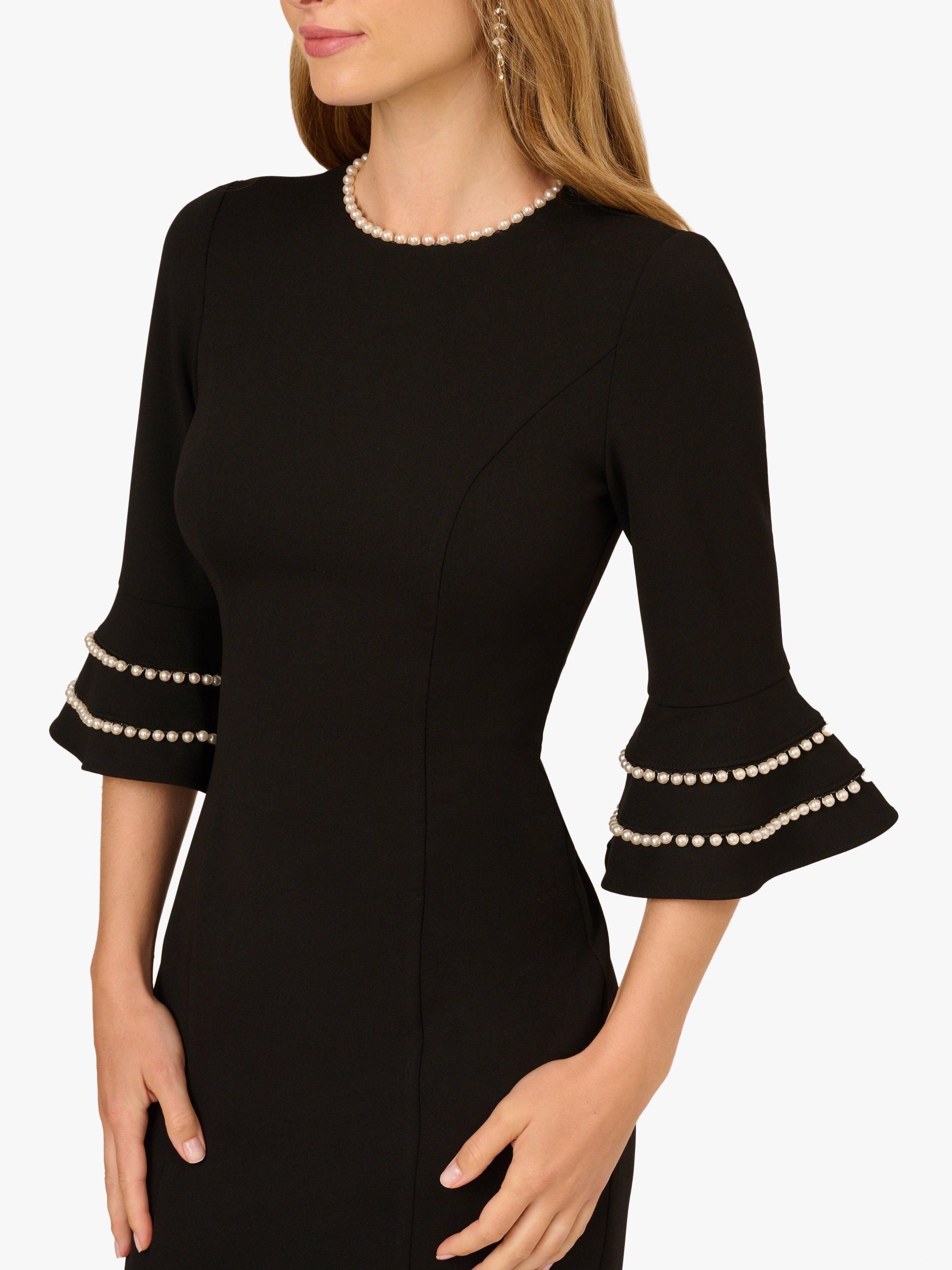 Adrianna Papell Pearl Trimmed Bell Sleeve Round Neck Sheath Midi