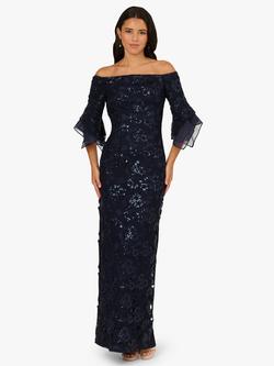Adrianna Papell Sequin Lace Bardot Neck Bell Sleeve Maxi Dress, Midnight, Midnight