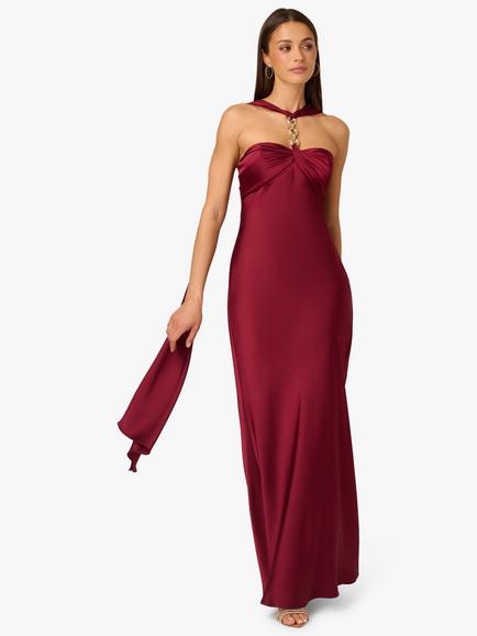 Adrianna By Adrianna Papell Stretch Satin Low Back Sweetheart Neck Sleeveless Maxi Dress, Crimson Haze, Crimson Haze