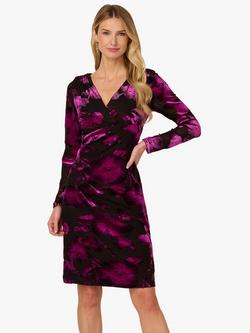 Adrianna Papell Surplus Velvet Long Sleeve V Neck Midi Dress, Black/Violet