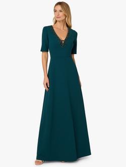 Adrianna Papell Trimmed Mermaid Short Sleeve V Neck Maxi Dress, Hunter, Hunter