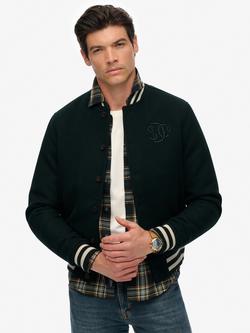 Superdry Varsity Monogram Wool Bomber Jacket, Green Wool, Green Wool