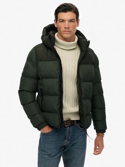 Superdry Colour Block Hooded Puffer Jacket, Slate Brown/Red, Olive Green