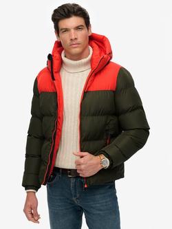 Superdry Colour Block Hooded Puffer Jacket, Slate Brown/Red, Slate Brown/Red