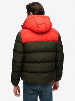 Superdry Colour Block Hooded Puffer Jacket, Slate Brown/Red - view 2, Slate Brown/Red