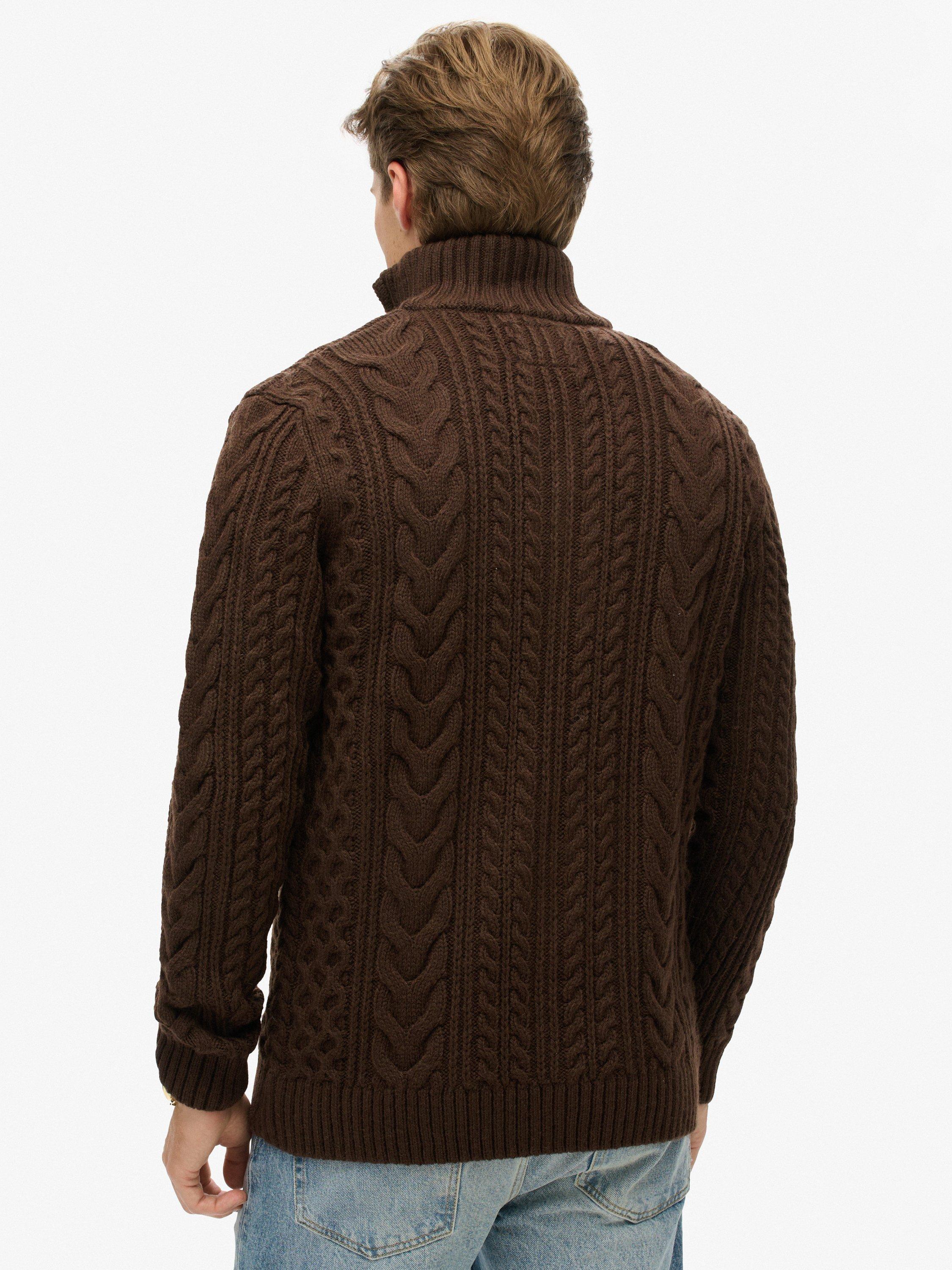 Product image 2 of 5, which shows Superdry Vintage Jacob Cable Knit Half Zip Jumper, Chocolate Brown, M