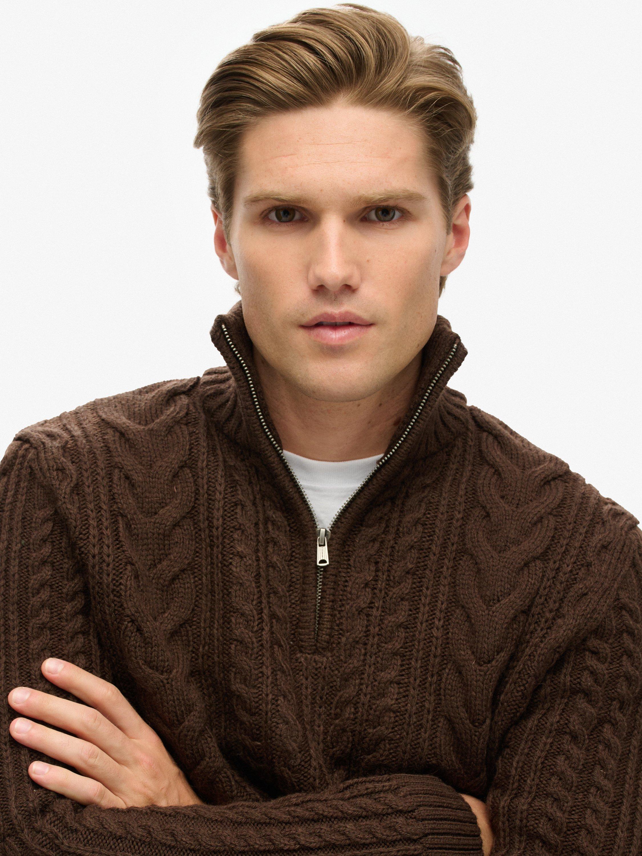 Product image 4 of 5, which shows Superdry Vintage Jacob Cable Knit Half Zip Jumper, Chocolate Brown, M