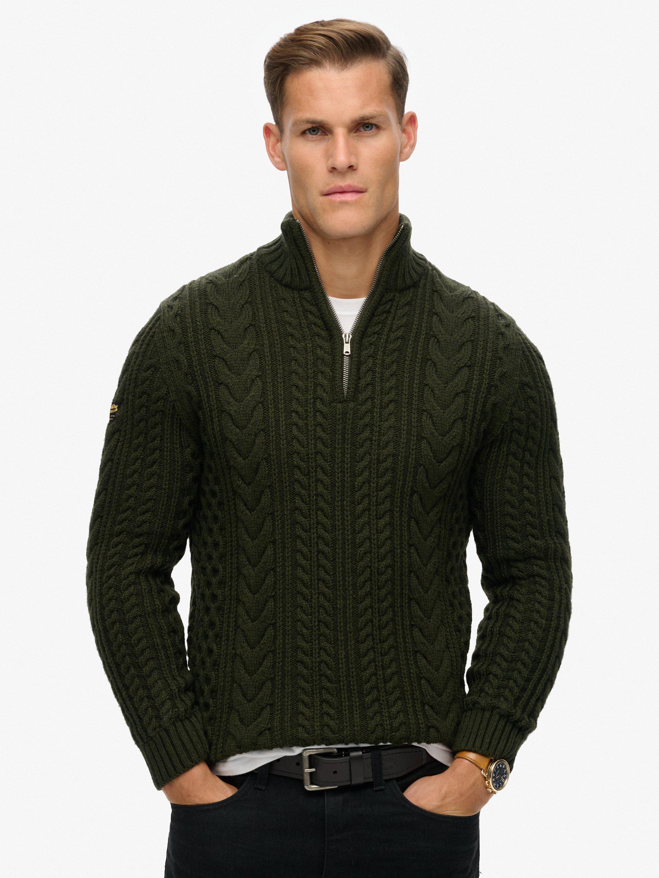 Product image 1 of 4, which shows Superdry Vintage Jacob Cable Knit Half Zip Jumper, Surplus Goods Olive, S