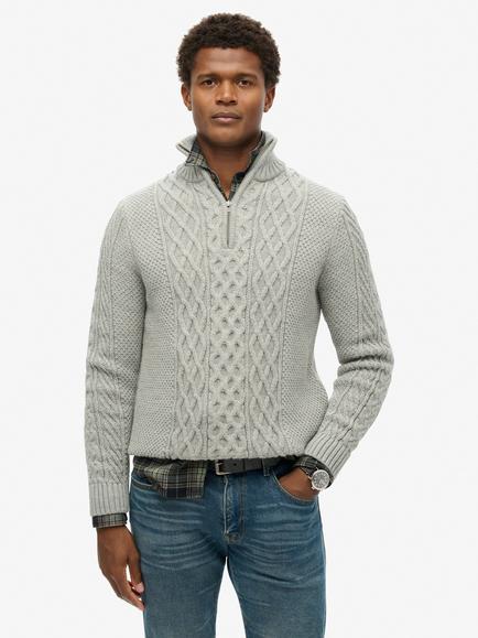 Superdry Half Zip Cable Knit Jumper, Mid Grey