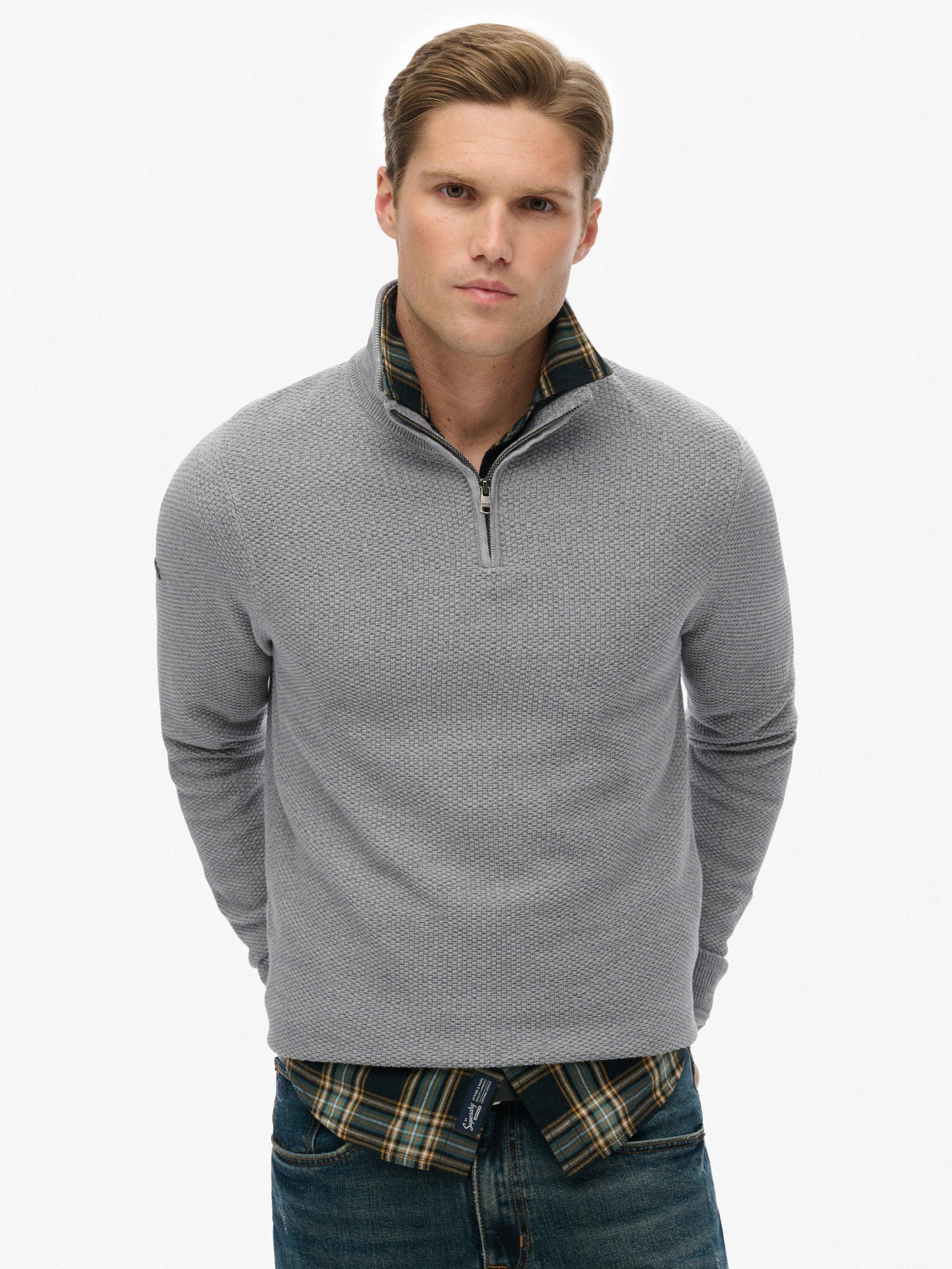 Product image 1 of 5, which shows Superdry Cotton Texture Half Zip Jumper, Light Grey, S