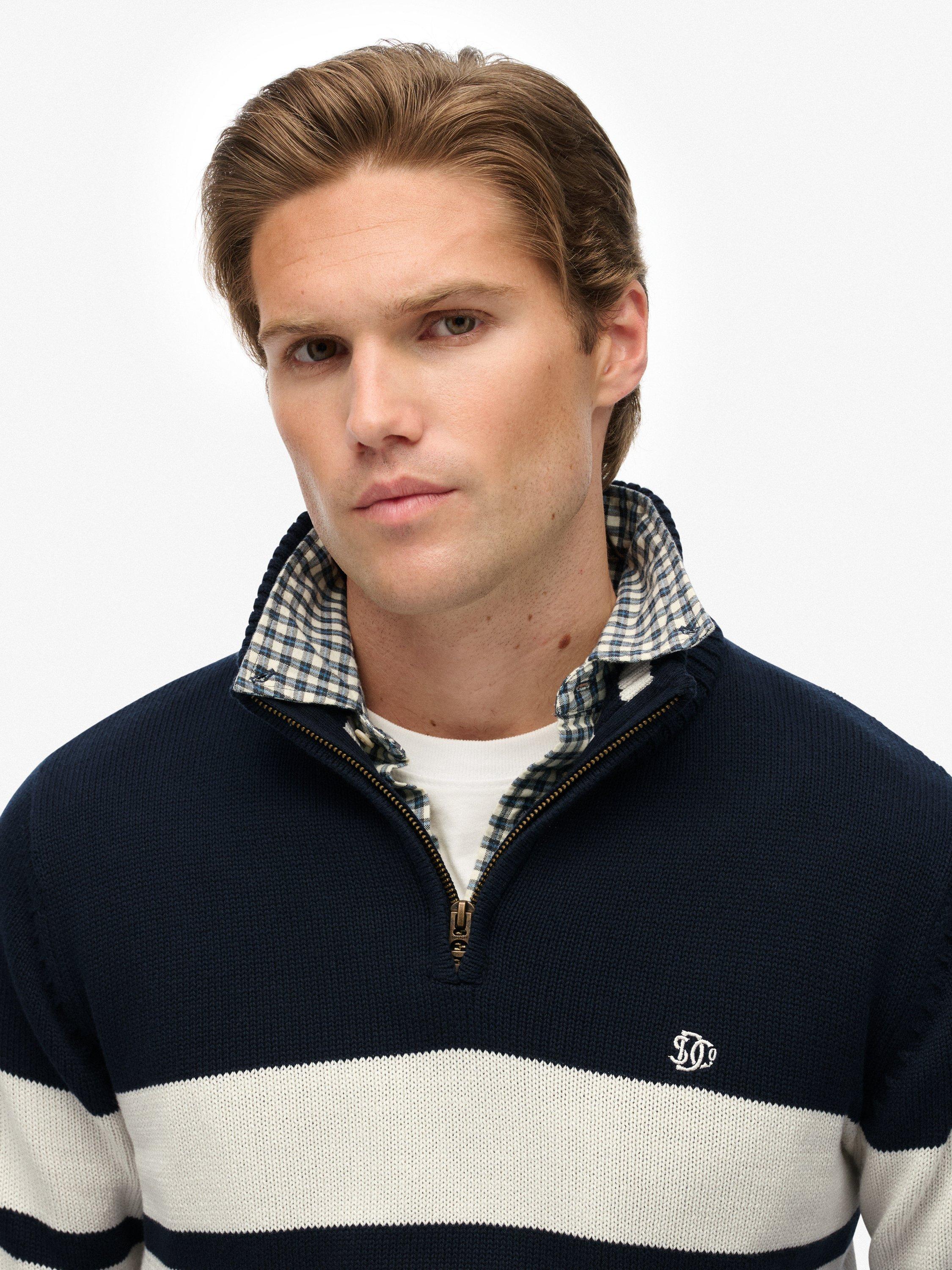 Product image 1 of 5, which shows Superdry Cotton Stripe Half Zip Knit Jumper, Eclipse Navy/White, S