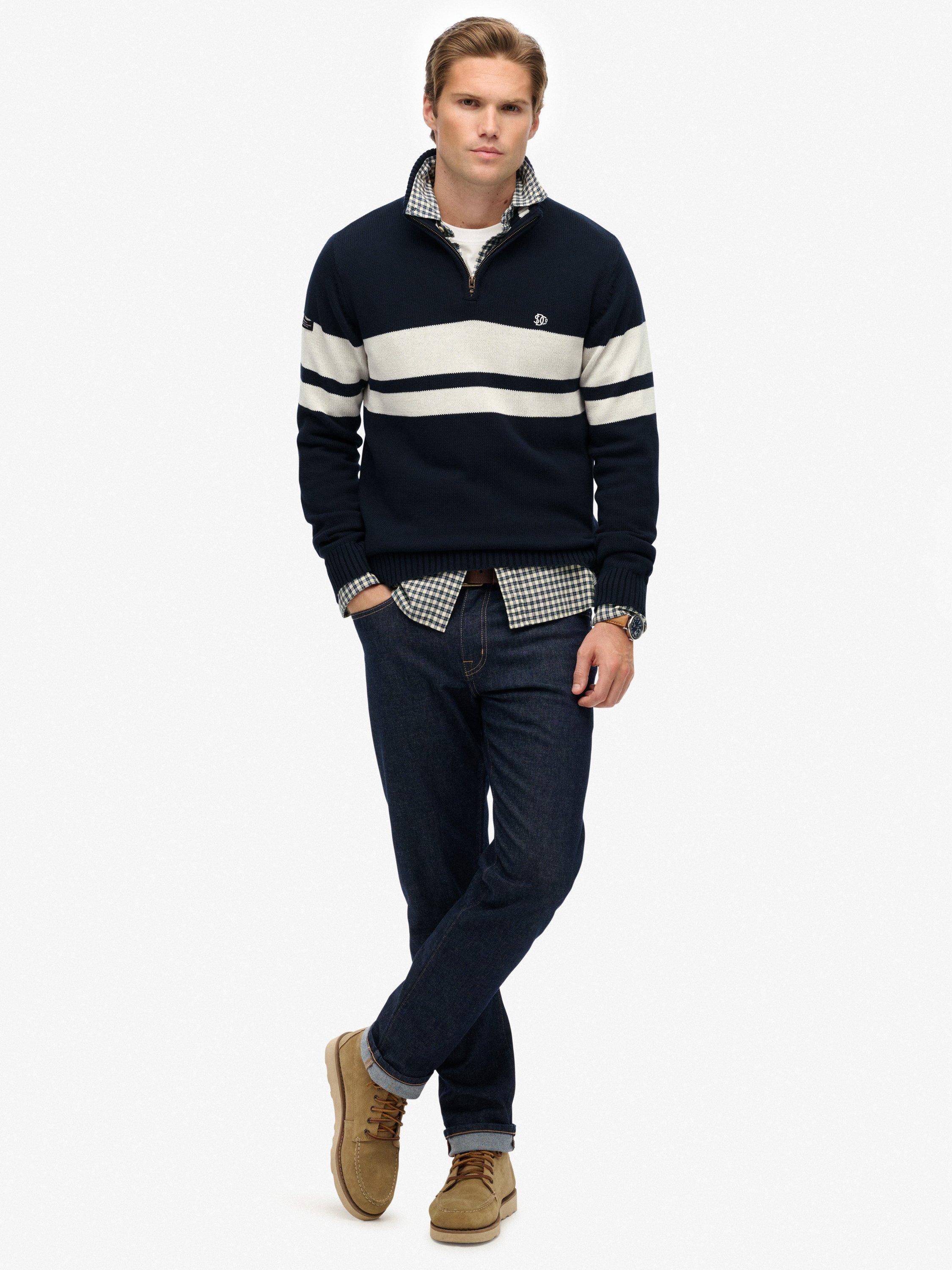 Product image 3 of 5, which shows Superdry Cotton Stripe Half Zip Knit Jumper, Eclipse Navy/White, S