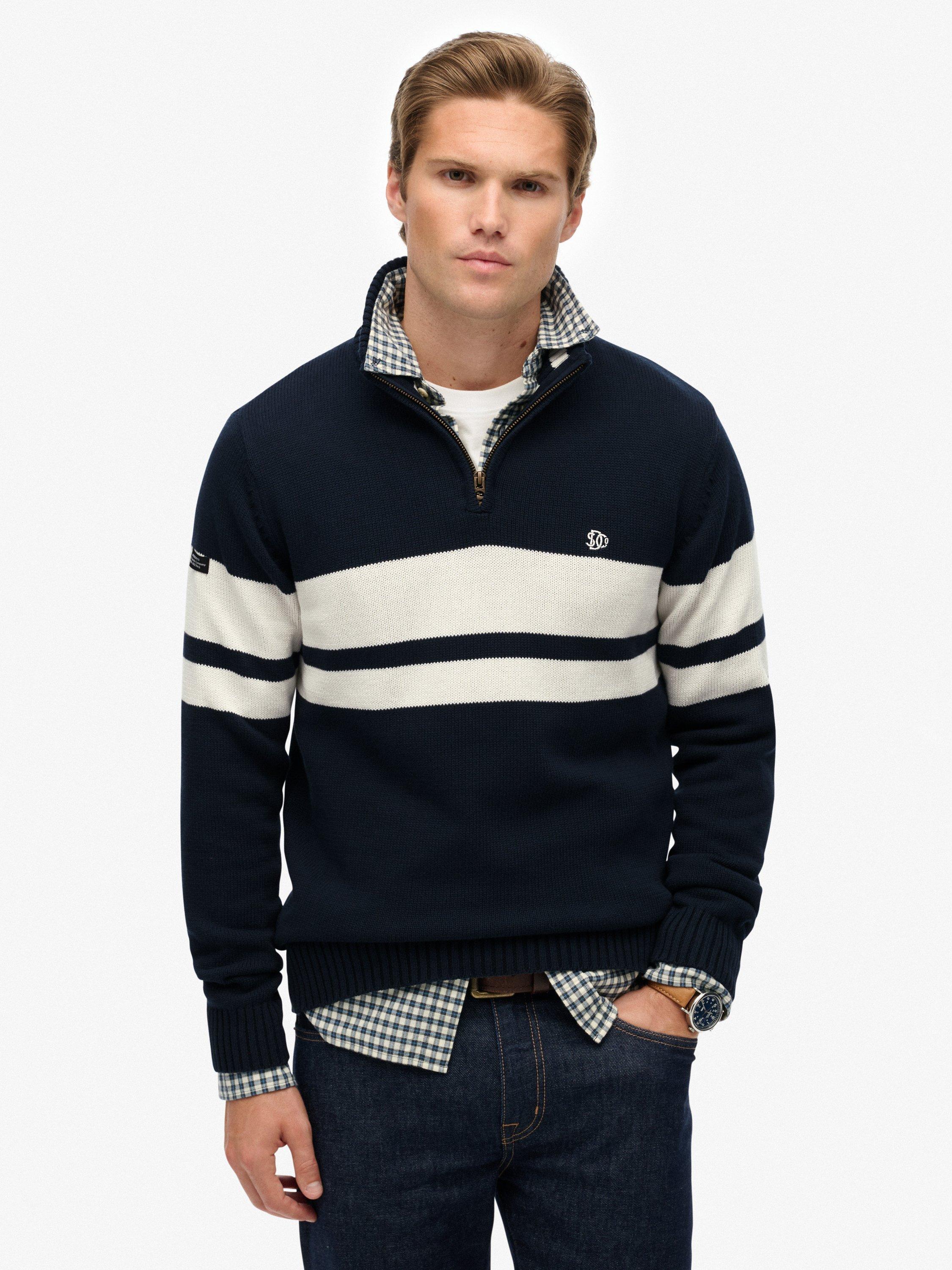 Product image 4 of 5, which shows Superdry Cotton Stripe Half Zip Knit Jumper, Eclipse Navy/White, S