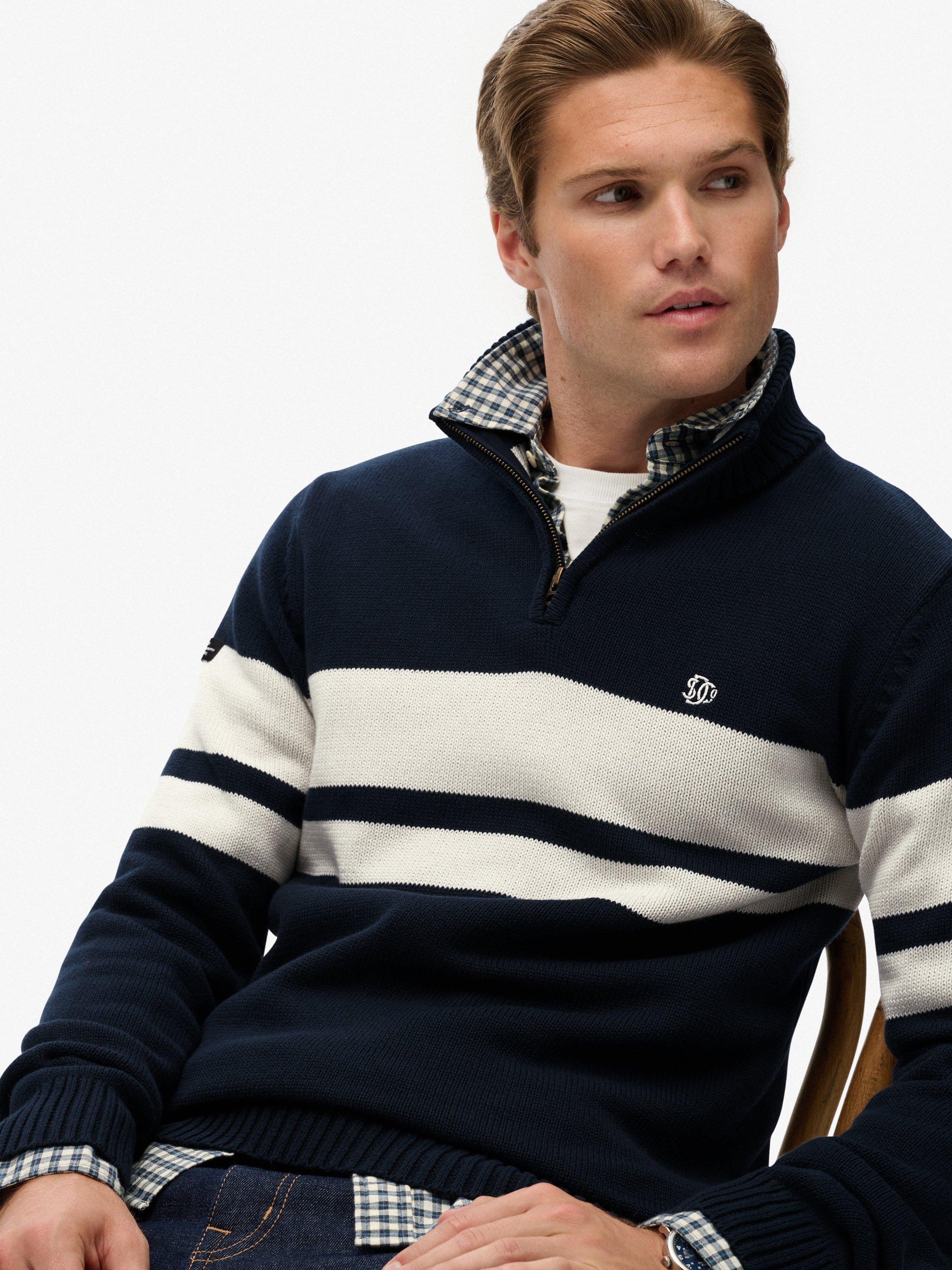 Product image 5 of 5, which shows Superdry Cotton Stripe Half Zip Knit Jumper, Eclipse Navy/White, S