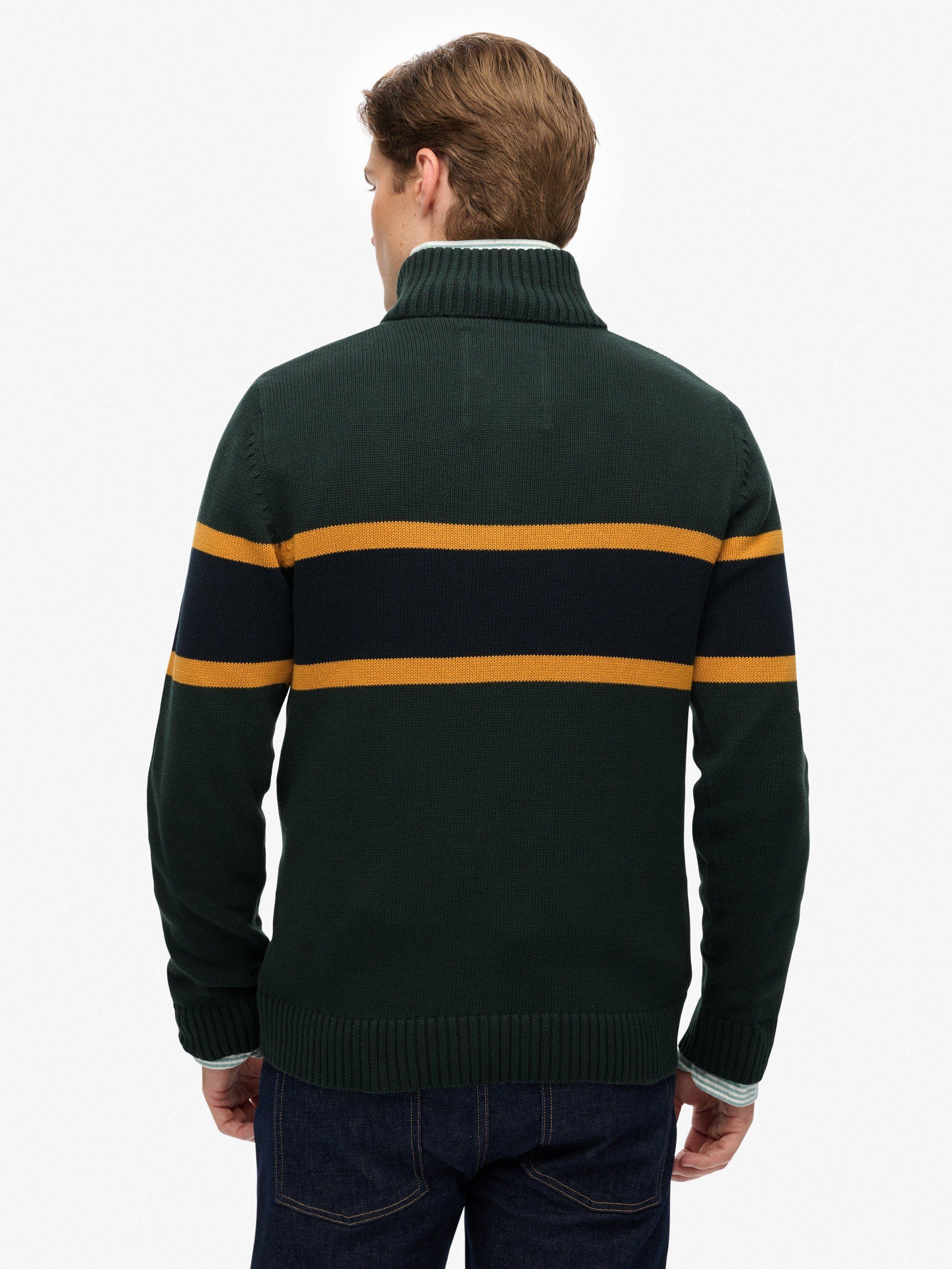 Product image 2 of 5, which shows Superdry Cotton Stripe Half Zip Knit Jumper, Eagle Green/Multi, M