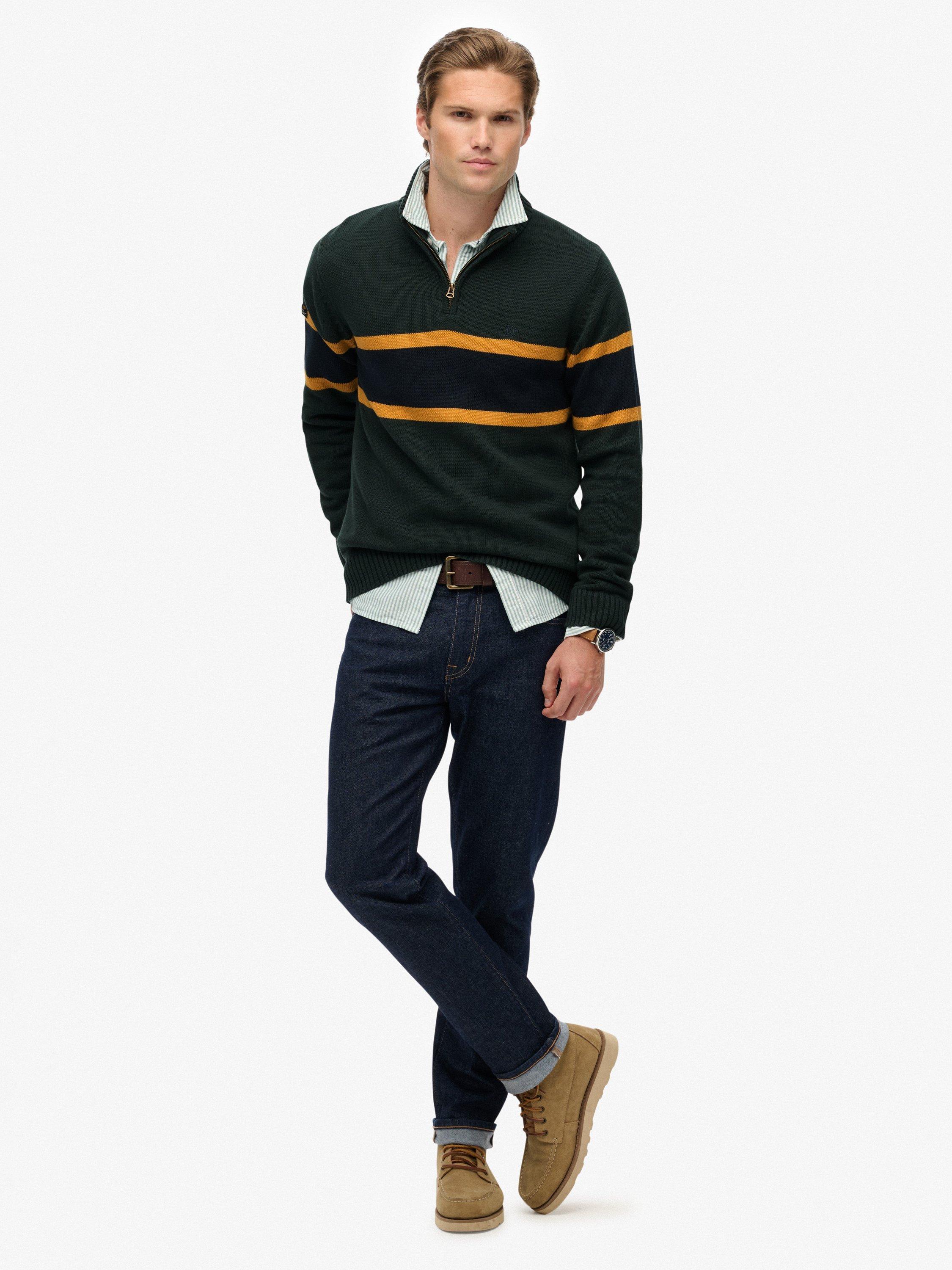 Product image 3 of 5, which shows Superdry Cotton Stripe Half Zip Knit Jumper, Eagle Green/Multi, M