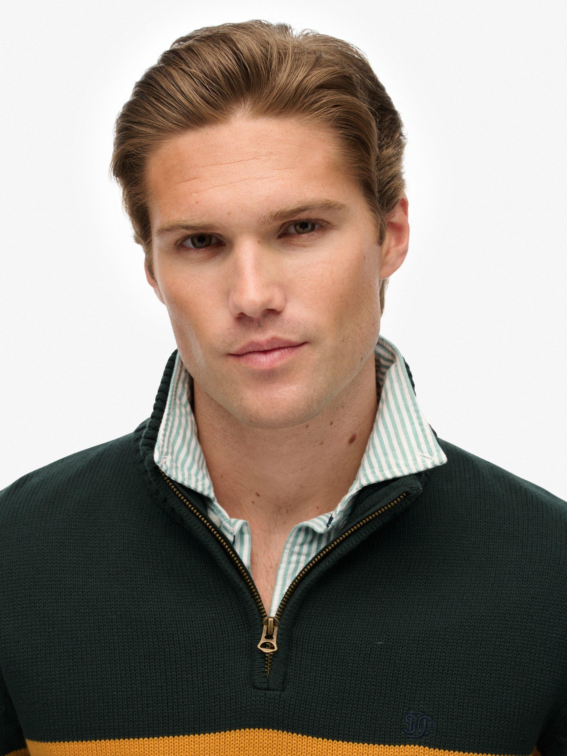 Product image 4 of 5, which shows Superdry Cotton Stripe Half Zip Knit Jumper, Eagle Green/Multi, M