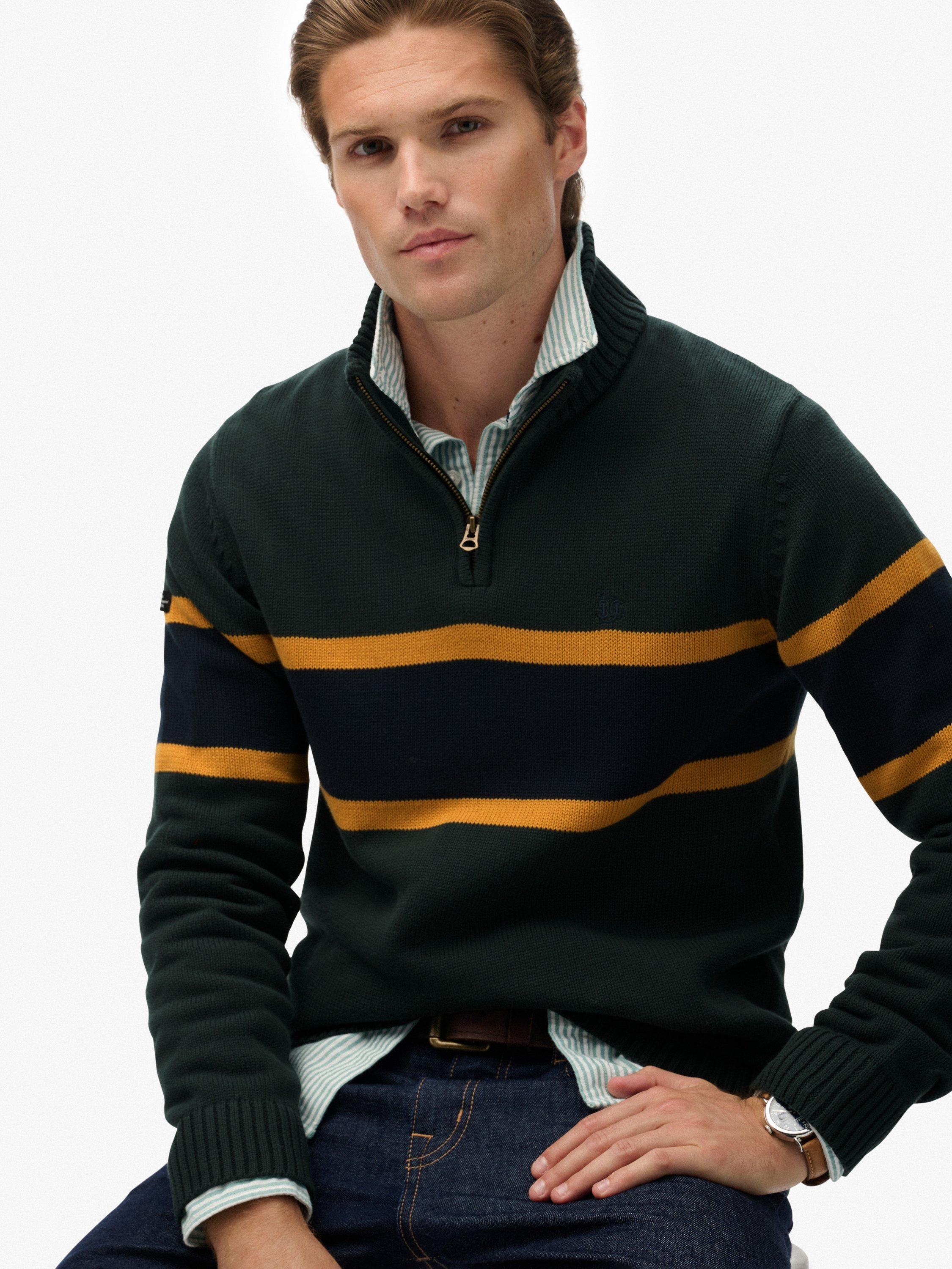 Product image 5 of 5, which shows Superdry Cotton Stripe Half Zip Knit Jumper, Eagle Green/Multi, M