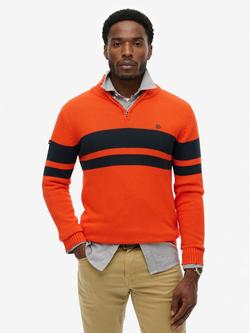 Superdry Cotton Stripe Half Zip Knit Jumper, Bold Orange/Navy