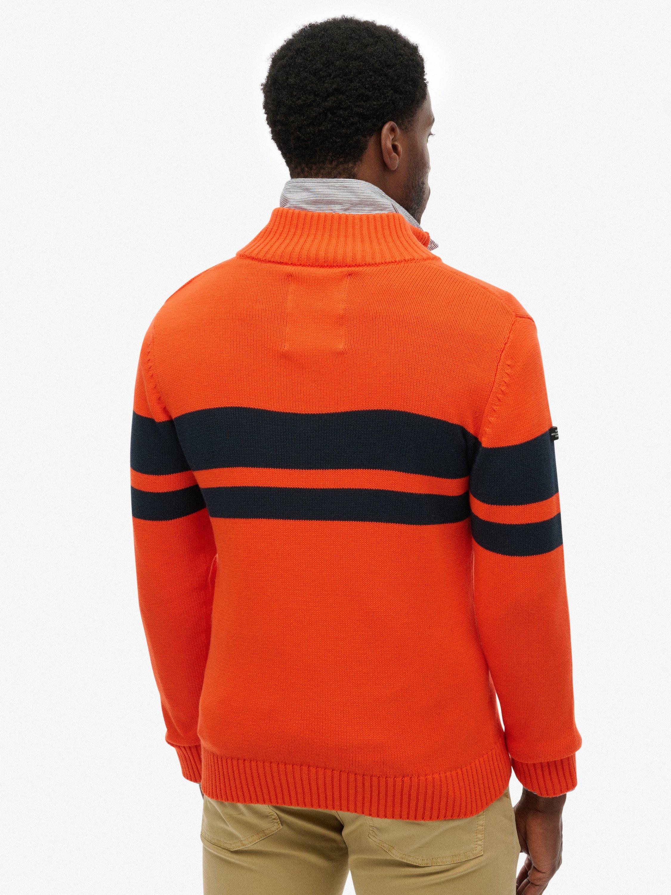 Product image 2 of 5, which shows Superdry Cotton Stripe Half Zip Knit Jumper, Bold Orange/Navy, S