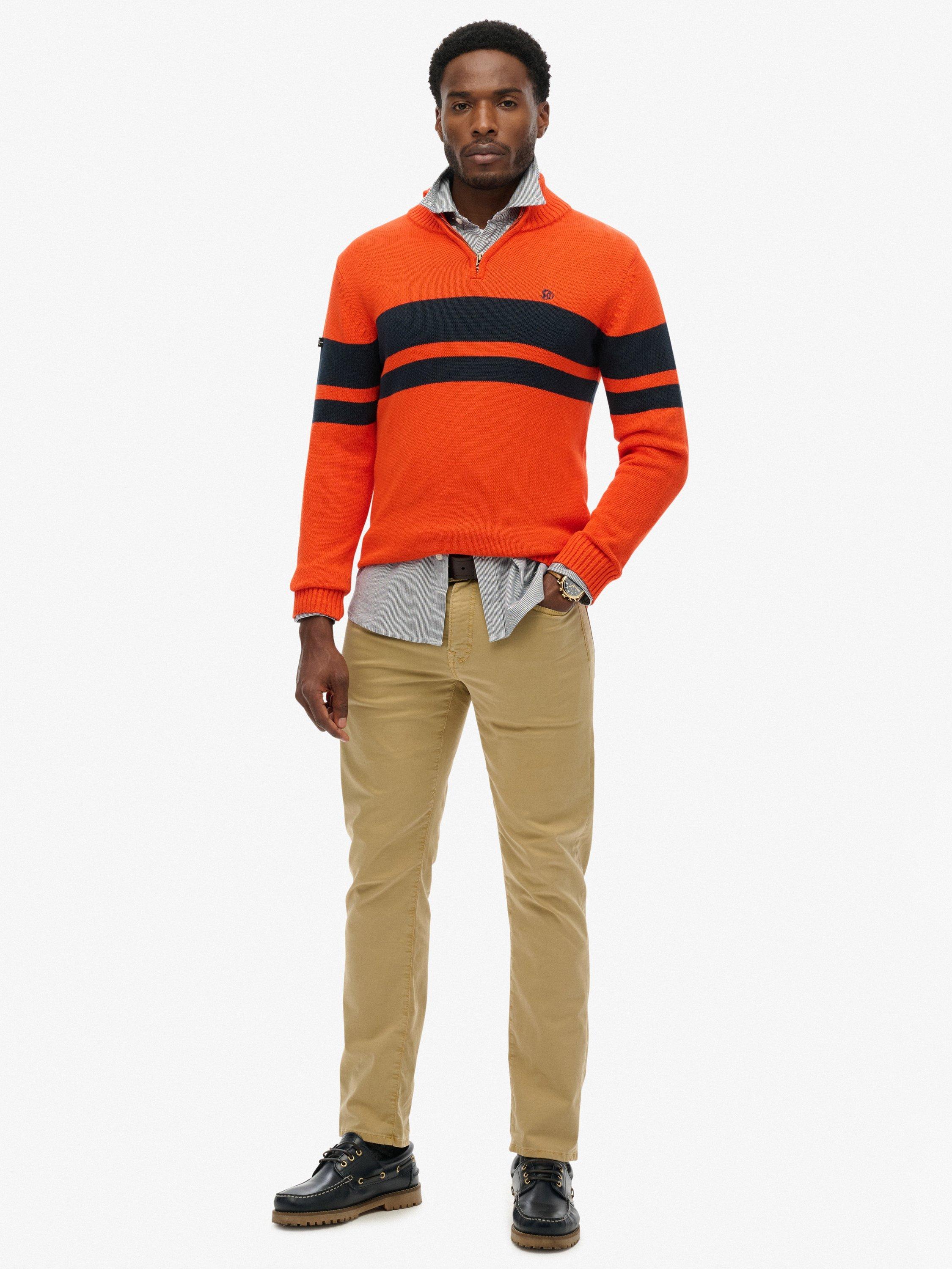 Product image 3 of 5, which shows Superdry Cotton Stripe Half Zip Knit Jumper, Bold Orange/Navy, S