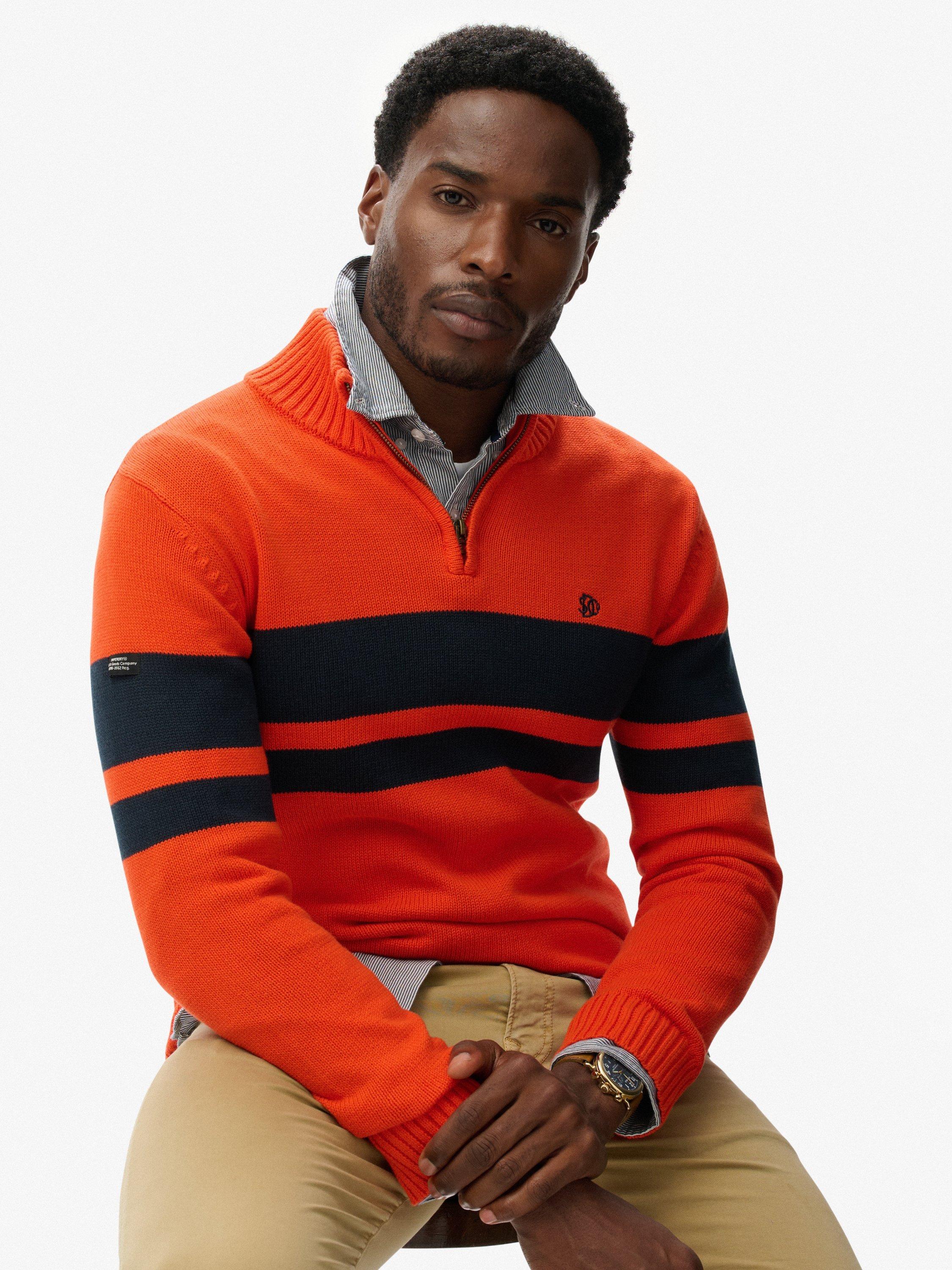 Product image 4 of 5, which shows Superdry Cotton Stripe Half Zip Knit Jumper, Bold Orange/Navy, S