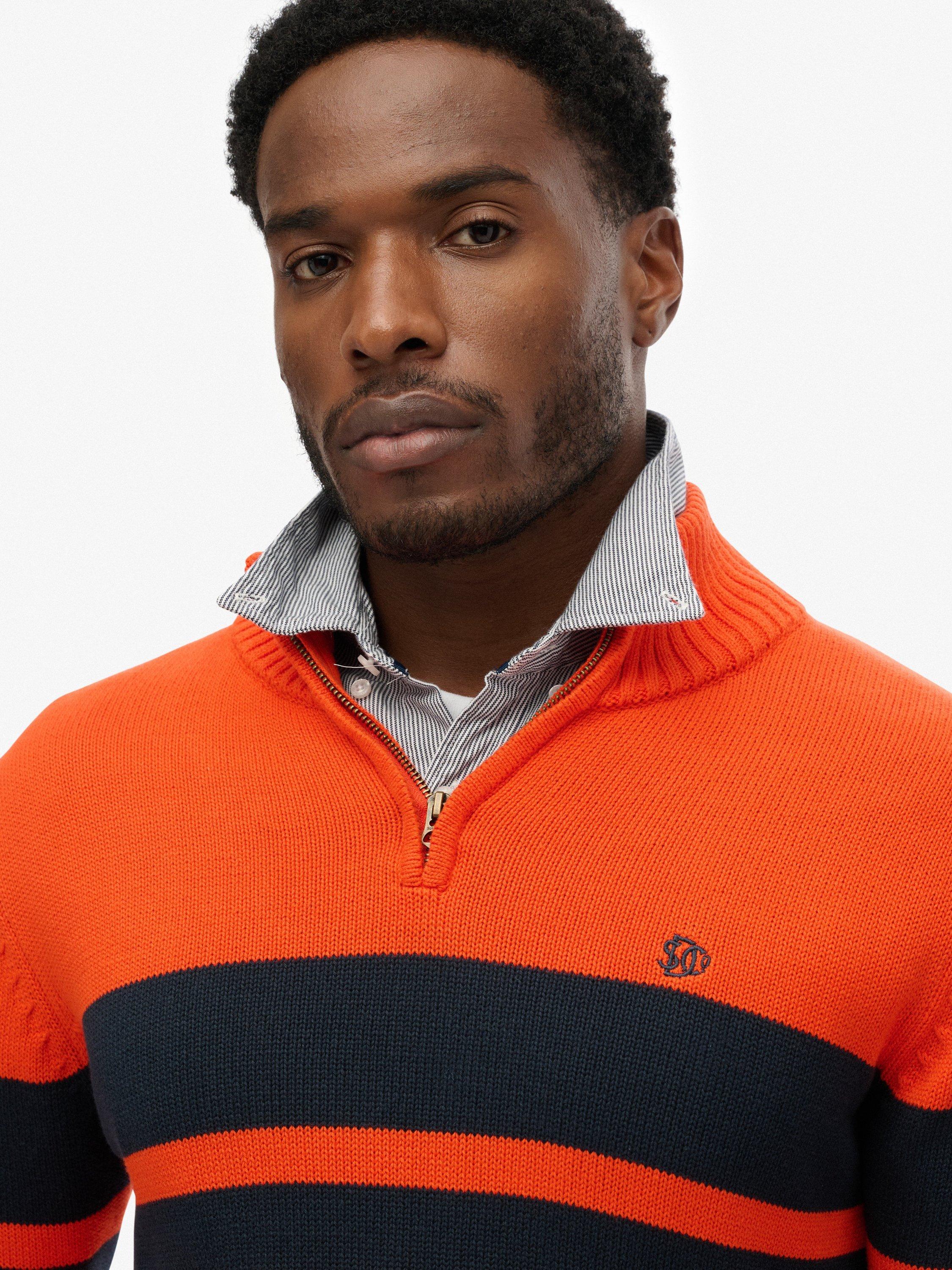 Product image 5 of 5, which shows Superdry Cotton Stripe Half Zip Knit Jumper, Bold Orange/Navy, S